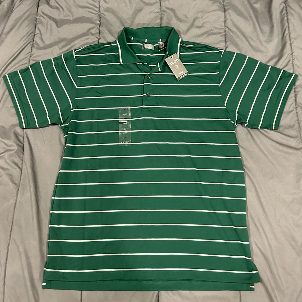 Men’s Size Large, Izod Green and White Striped Polo Golf Shirt